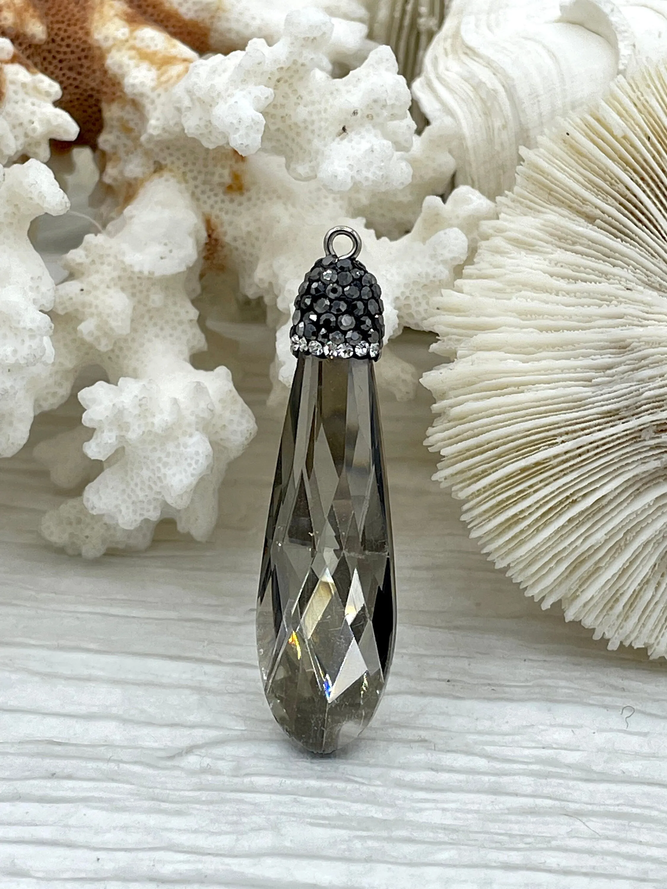 Smokey Crystal Pendants and charms with Clear and Gunmetal Cubic Zirconia. 4 Styles of Charms and Pendants, Smokey Crystal. Fast Shipping