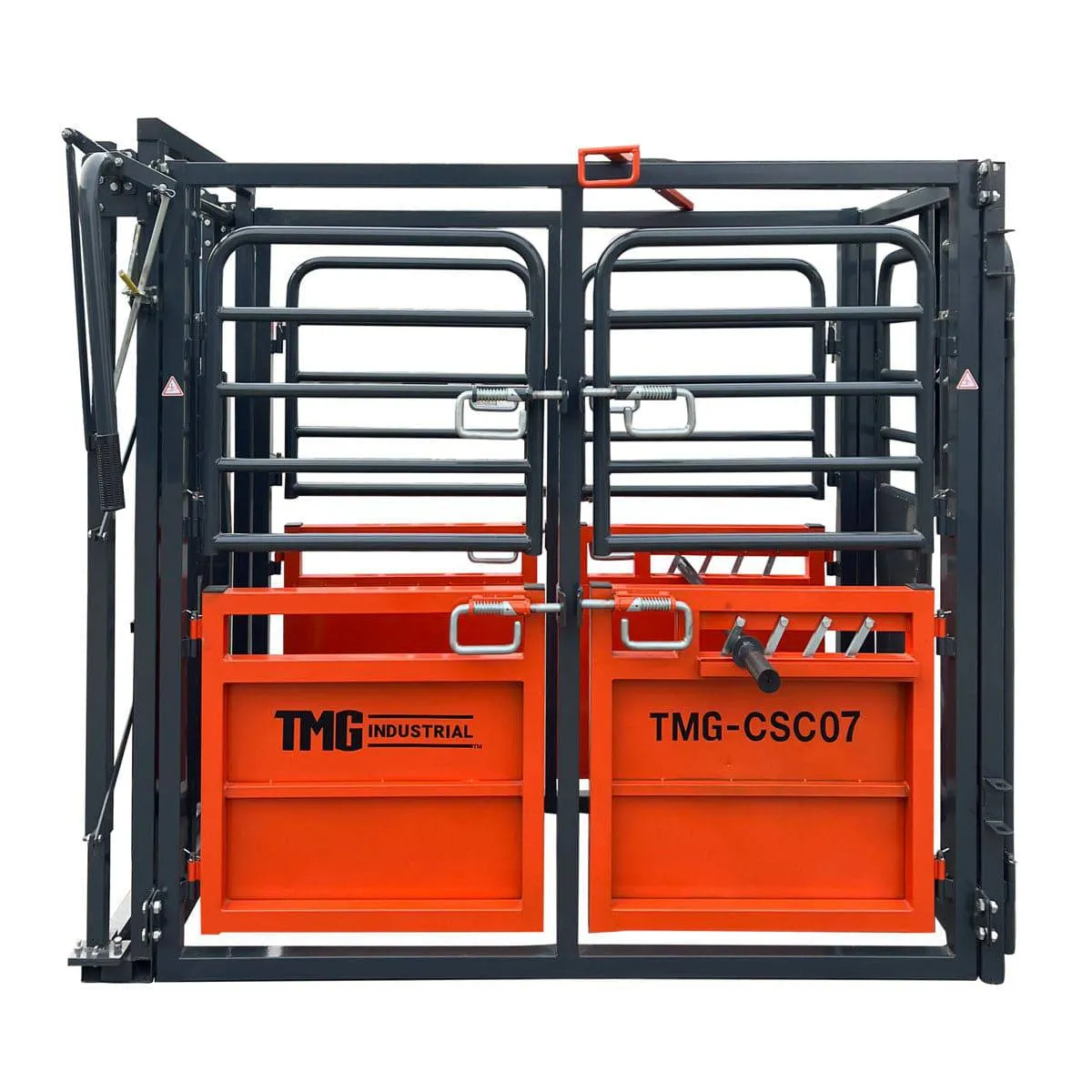 TMG Industrial 7’ Cattle Work Chute, Side Exit w/Release Lever, Upper/Lower Swing Openings, TMG-CSC07